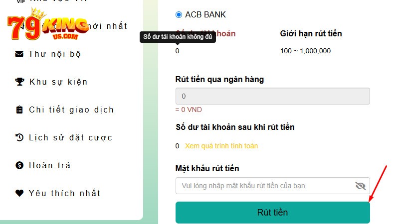 Người chơi nhập số tiền cần rút về tài khoản ngân hàng rồi nhấn “Rút tiền”.